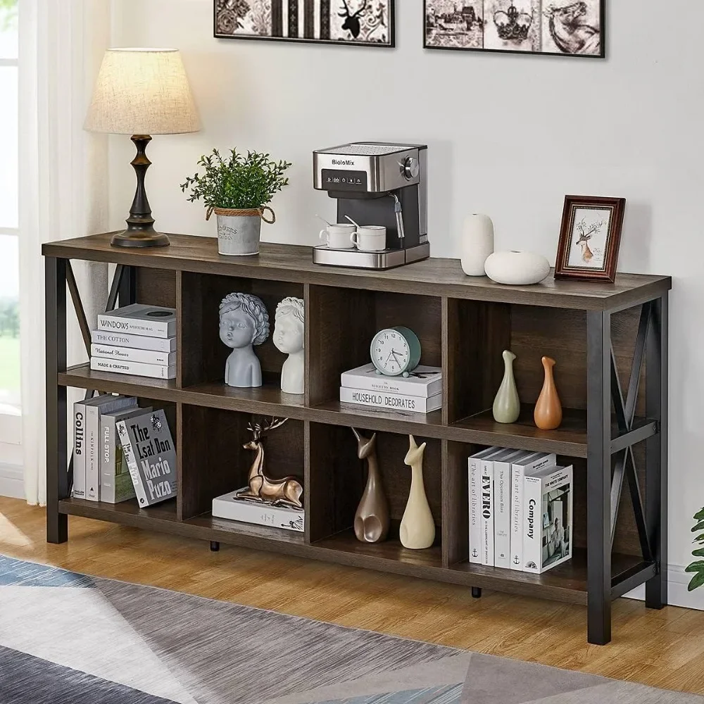 8 Cube Storage Organizer ชั้นวางหนังสือ - Rustic Wood Cubby ตู้หนังสือและอุตสาหกรรมชั้นวางแนวนอนสําหรับห้องนั่งเล่น
