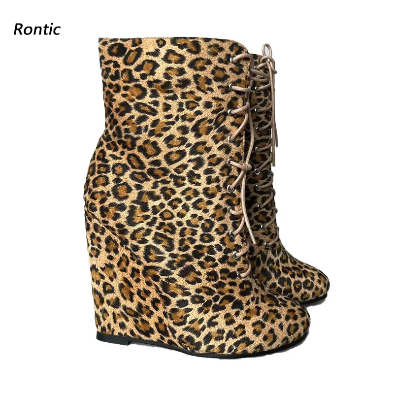 

Rontic Handwork Women Winter Ankle Boots Unisex Side Zipper Wedges Heels Round Toe Gorgeous Leopard Club Shoes Size 35-52
