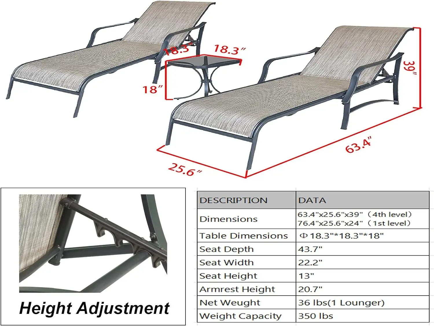 3 Pieces Patio Chaise Lounge Chairs Set Adjustable Back All Weather with Bistro Table(Grey) Easy To Clean and Scratch-resistant