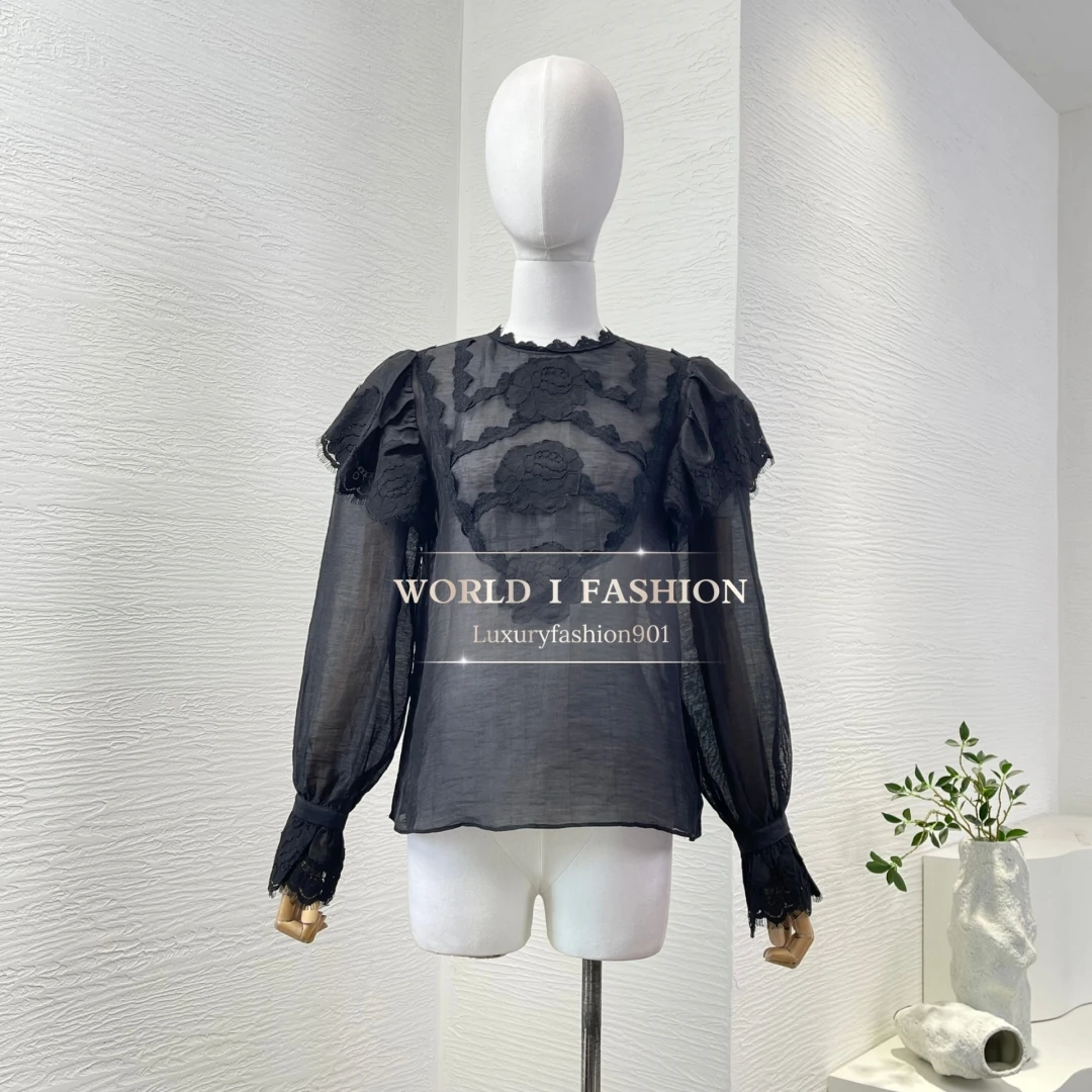 2025 Conjunto de blusa e shorts de retalhos de renda preta de alta qualidade