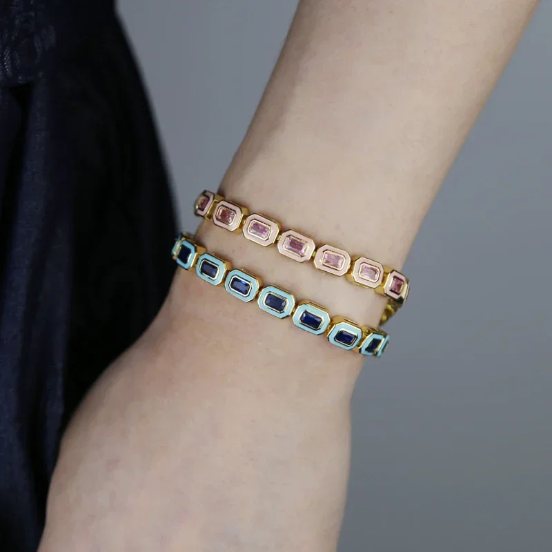 2025 New Arrived Colorful Geometric Square Bezel Set Blue Pink Cubic Zirconia CZ With Enamel Tennis Bracelet Jewelry For Women