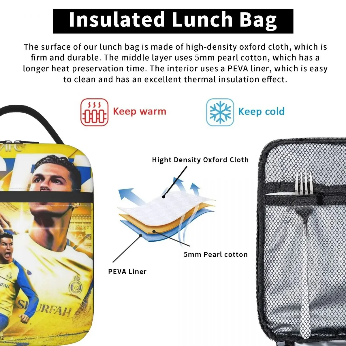 Cristiano Ronaldo Football CR7 Insulated Lunch Bag Food Container Bags Reusable Cooler Thermal Lunch Boxes For Work