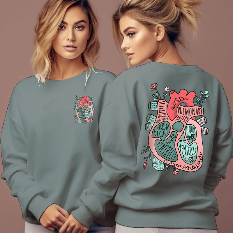 Anatomical Heart Flower Print Women Hoodies Autumn Fleece Long Sleeve Tracksuit Medical Technically Pullover Vintage Sweatshirts