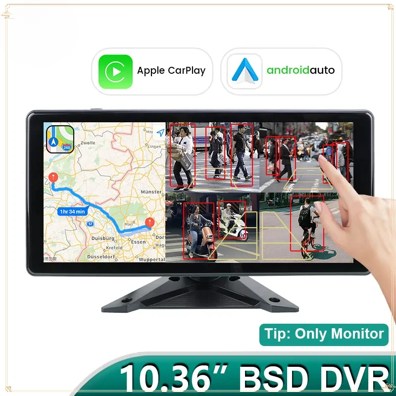 10.36'' CarPlay Monitor AI Smart Blind Spot Radar BSD Alarm 4CH Recording DVR for Truck Bus Wireless Apple Carplay Android-Auto