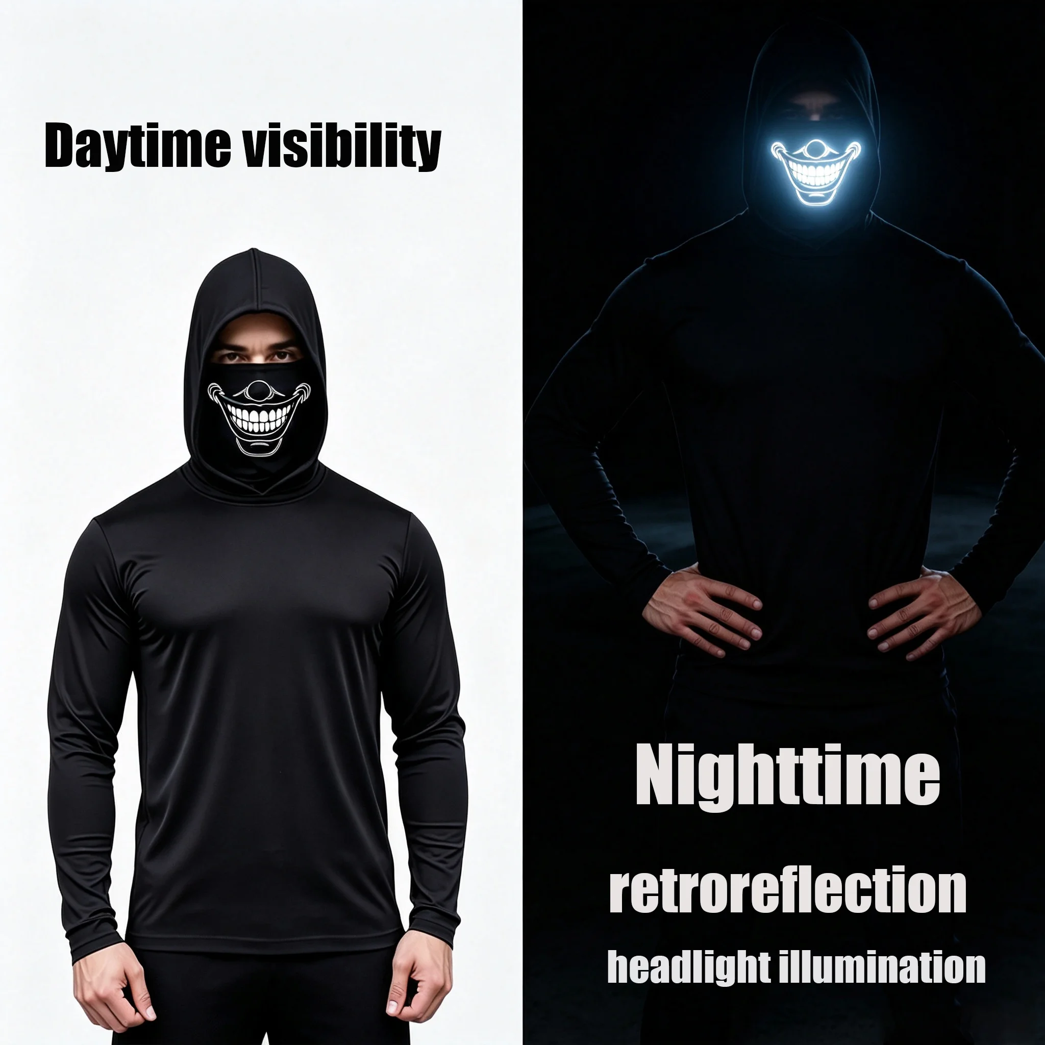 Fotografia 3: Camisa de Manga Longa com Capuz Integrado para Homens, Estampa de Rosto Sorridente Assustador, Hoodie de Secagem Rápida e Alta Elasticidade, Cosplay de Halloween