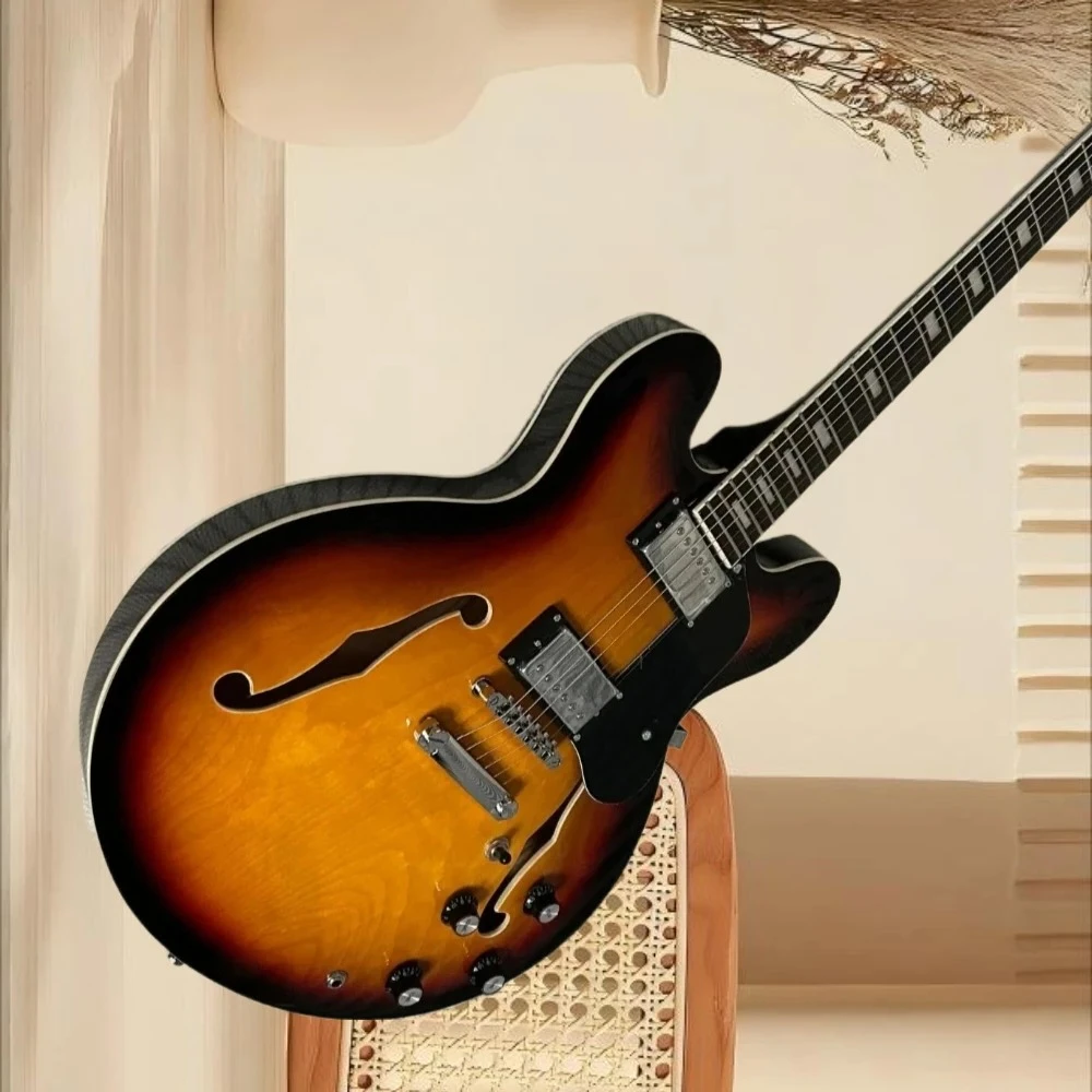 Guitarras eléctricas personalizadas Vintage Sunburst Color ES 335, cuerpo de arce semihueco, puente fijo TOM, envío gratis