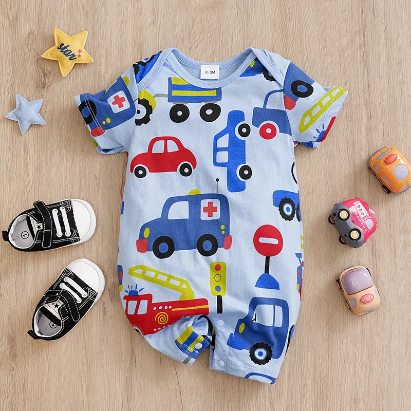 Summer style newborn baby boy girl cute cartoon toy car all printed comfortable short sleeved jumpsuit made of pure cotton