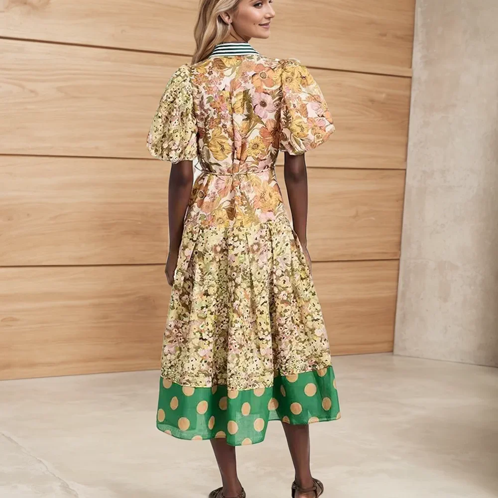 Sommer Neue Frauen Kleid Einreiher Lange Laterne Hülse Graffiti Print Krawatte Taille Kleid Strand Urlaub Floral Print Boho kleid