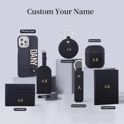 Custom Name Leather Phone Case Gold Metal Letters Keychain Set Airpods Case Card Holder Free Combo iPhone 11 12 13Pro Max