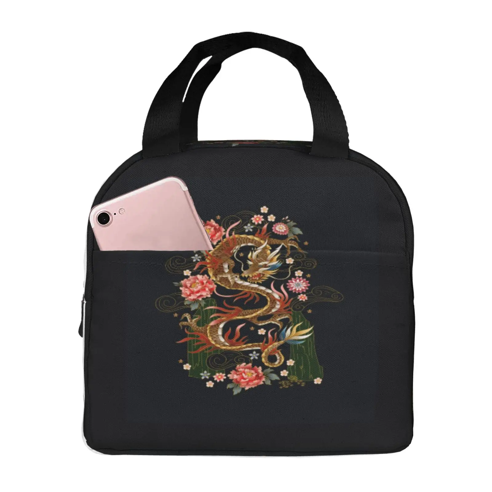 Chinese Flower Peony and Dragon Portable Lunch Boxes Waterproof Thermal Cooler Food Insulated Lunch Bag Kids School Children