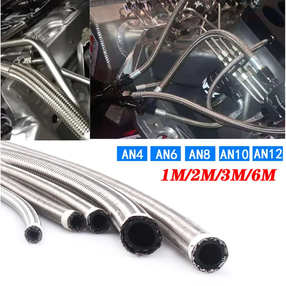 1m 3m 6m AN4 AN6 AN8 AN10 AN12 AN16 Stainless Steel Braided Brake Gas Oil Fuel Line Hose Oil Cooler Pipe Silver Color NEW