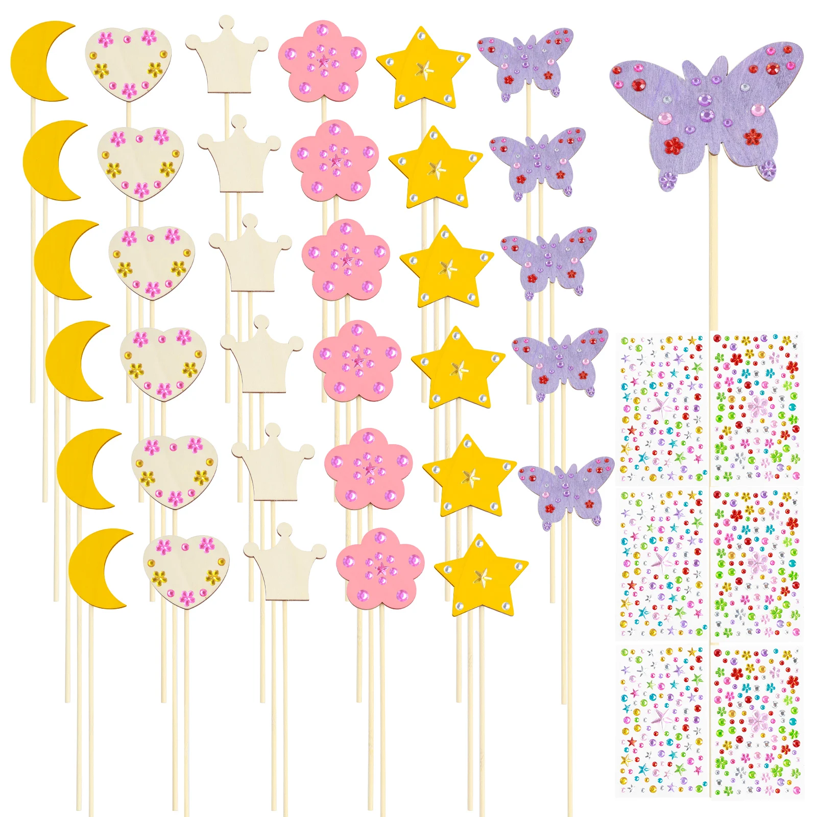 24/36Pcs Princess Fairy Wands Kit Include 6 Styles Unfinished Wood Princess Wand with Gem Stickers DIY Fairy Wand Craft Fun Wood