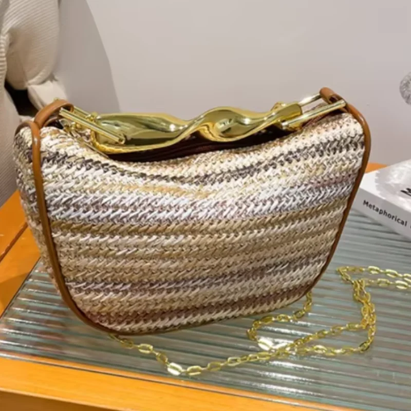 

Fashion Brand Straw Bag Metal Handle Try Casual Versatile Contrast Color Handbag Holiday Beach Bag Chain Women's Shoulder Bag