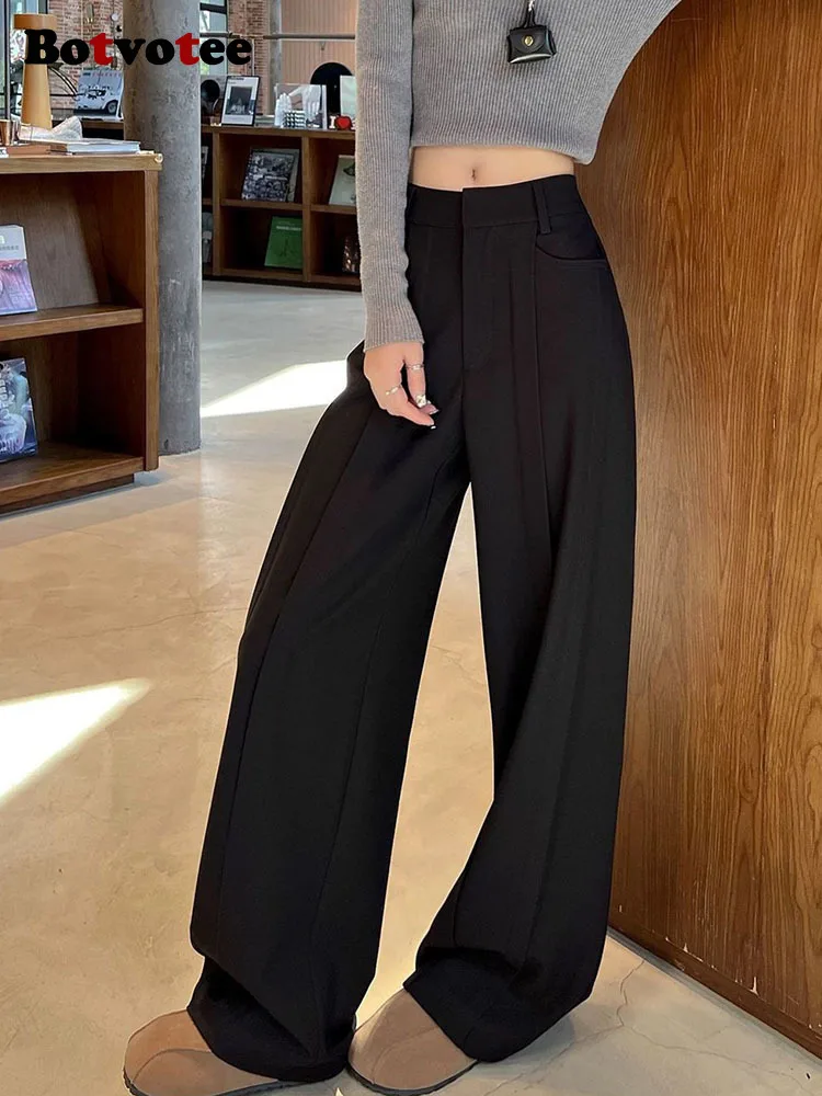 กางเกงสแล็คผู้หญิงทรงตรงเอวสูงสีดำ แบรนด์ Botvotee รุ่น Office Elegant  แฟชั่นกางเกงขายาวทรงกว้าง มีกระเป๋า