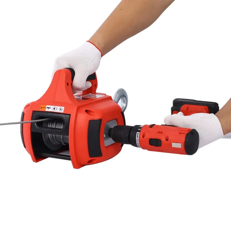 Portable 750-pound capacity drill winch hoist with 40-foot wire for lifting and towing