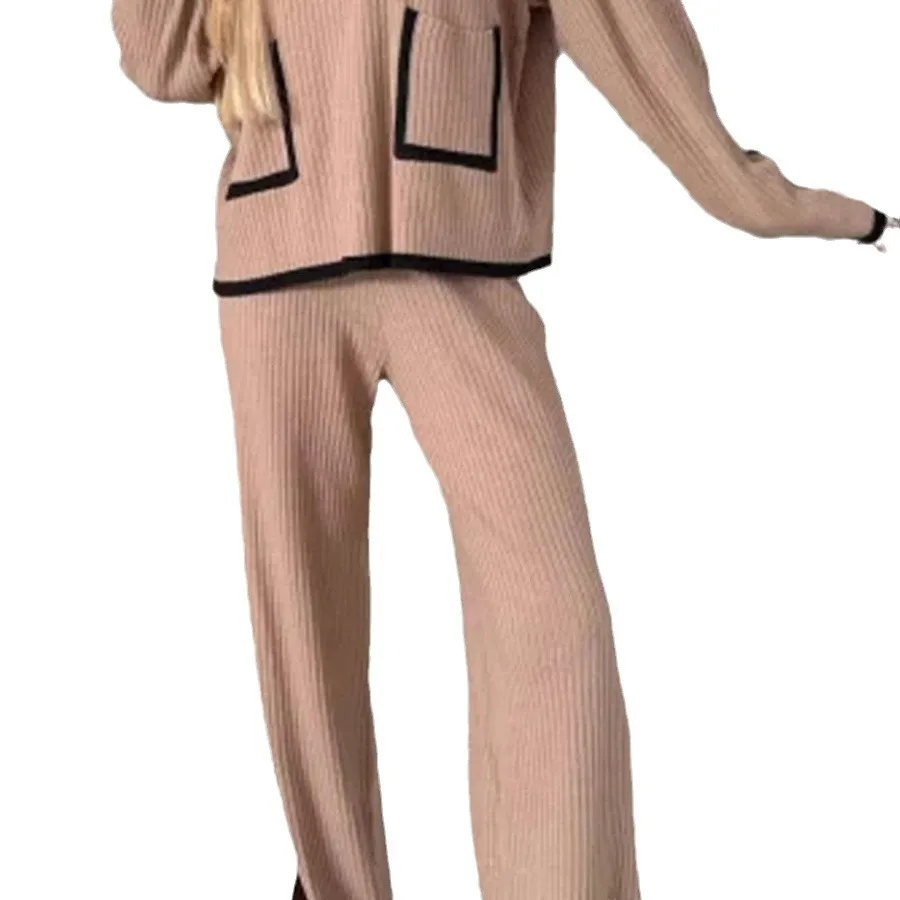 جديد الخريف المتناقضة اللون المرأة عارضة دعوى اللون مطابقة جيب أعلى واسعة الساق السراويل قطعتين مجموعة