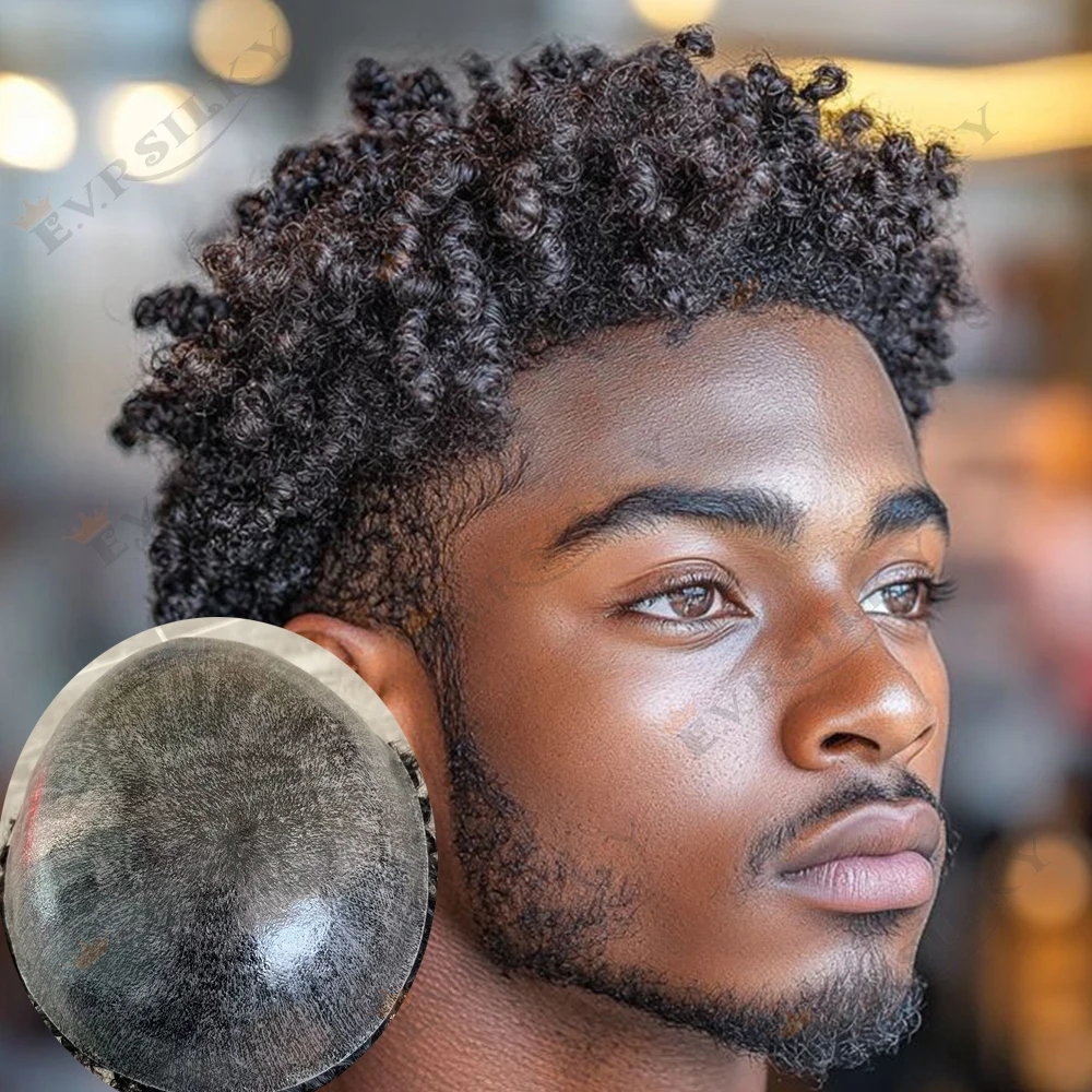 

Undetectable Men's 10mm Afro Man Curly Thin Microskin Toupee Natural Hairline Male Kinky Curly #4 Brown Human Hair Prosthesis