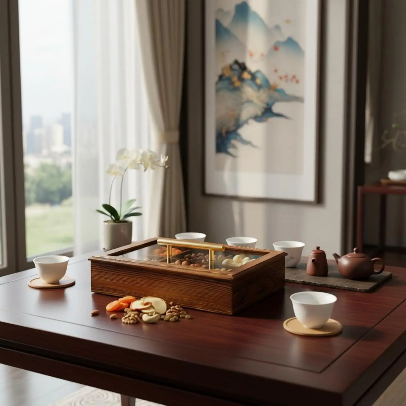 Divided Nut Tray Clear Lid Wooden Snack Tray Dust-Proof for Living Room