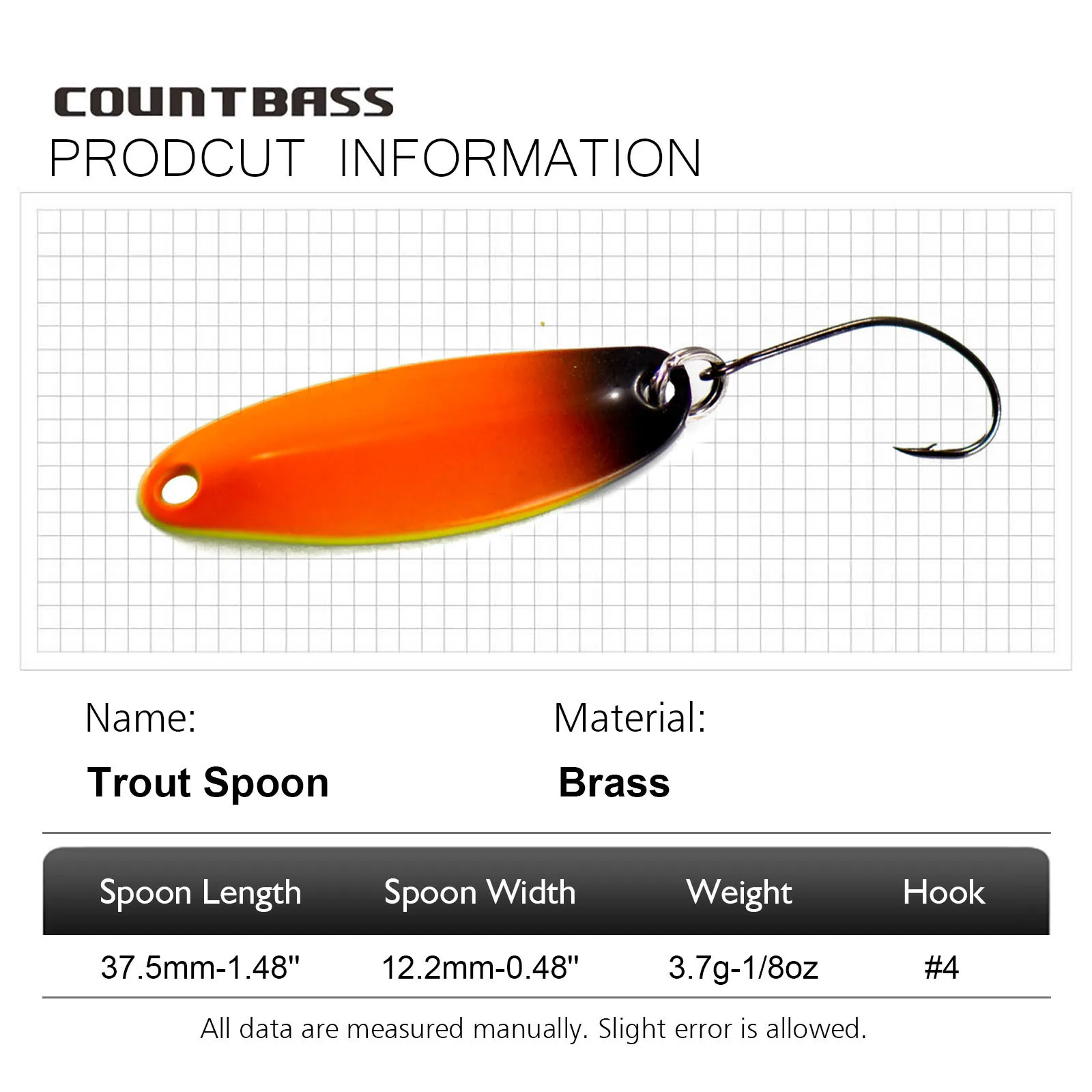 COUNTBASS 6PCS 1/8oz 3.7g Trout Fishing Spoons Brass Casting Lures for Salmon Trout Pike Bass