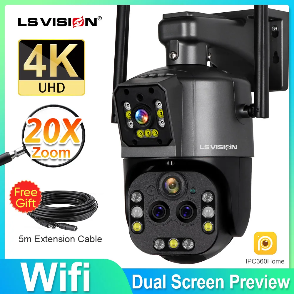 LS VISION-cámara de vigilancia inalámbrica para exteriores, videocámara 4K de 8mp con Wifi, Zoom 20X, IP, pantallas duales PTZ, CCTV de seguridad, seguimiento automático por Ia