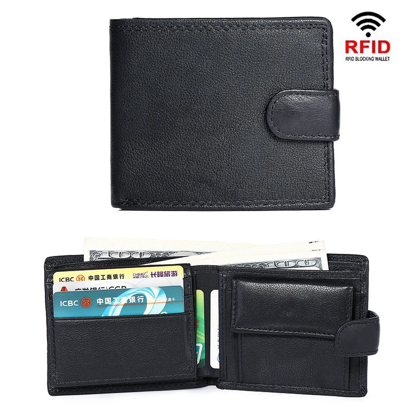 New Rfid Blocking Men's Wallet Genuine Leather Short Wallet Multi-Function Card Holder Coin Purse