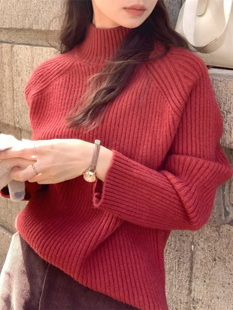 

2024 Autumn/Winter Fashion New Women's Sweet Knitted Hoodie Half High Collar Casual Long Sleeve Thick Warm Sweater Jumper