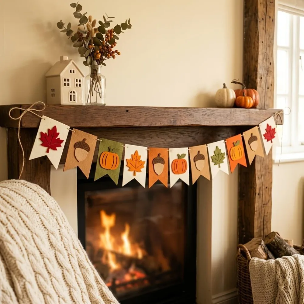 Felt Autumn Banners with Maple Leaf Pumpkin Acorn Flags DIY Thanksgiving Rustic Farmhouse Hanging Banners Party Home Decor Gift