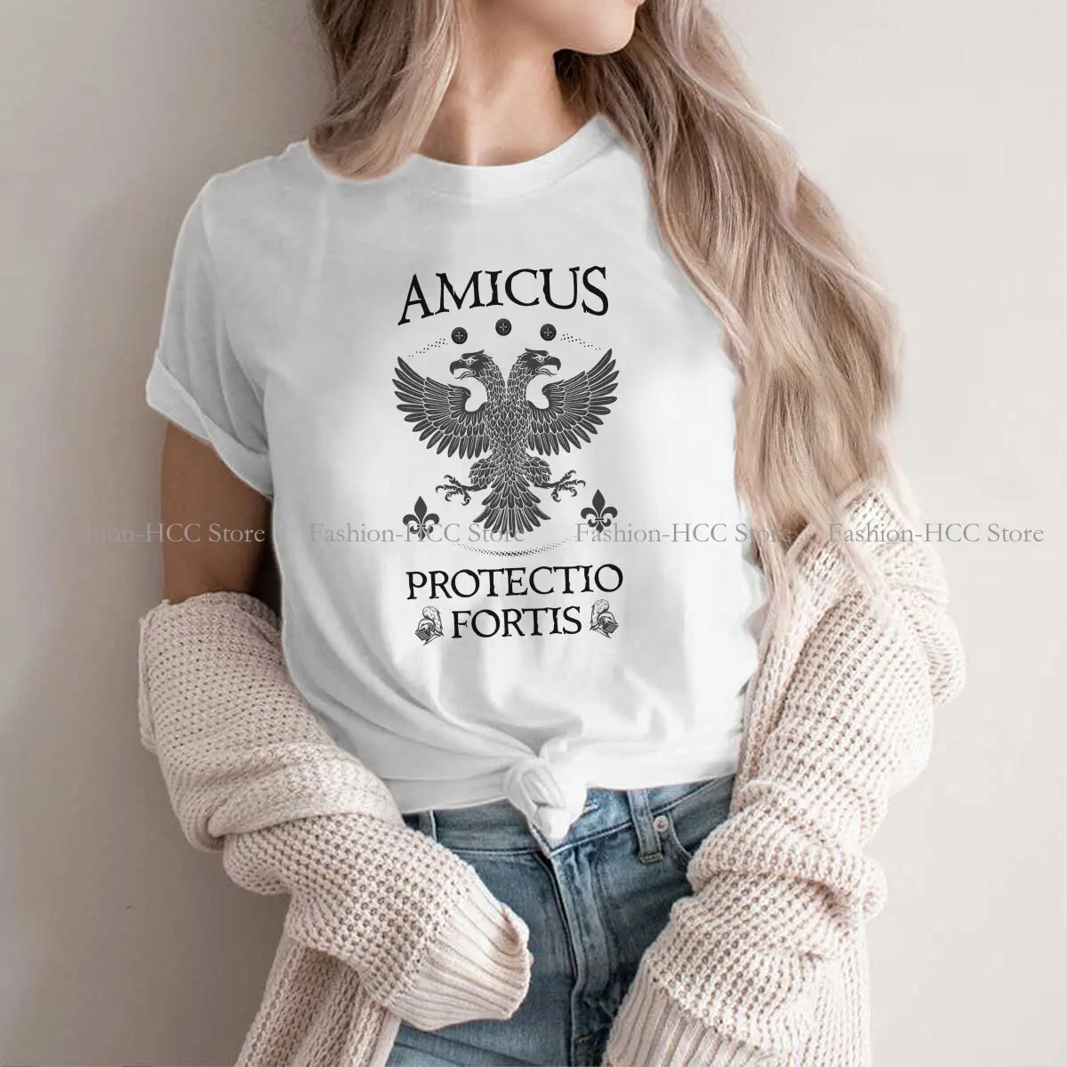 Amicus Protectio Fortis Newest Polyester TShirts Templar Knight Women Harajuku Tops T Shirt O Neck