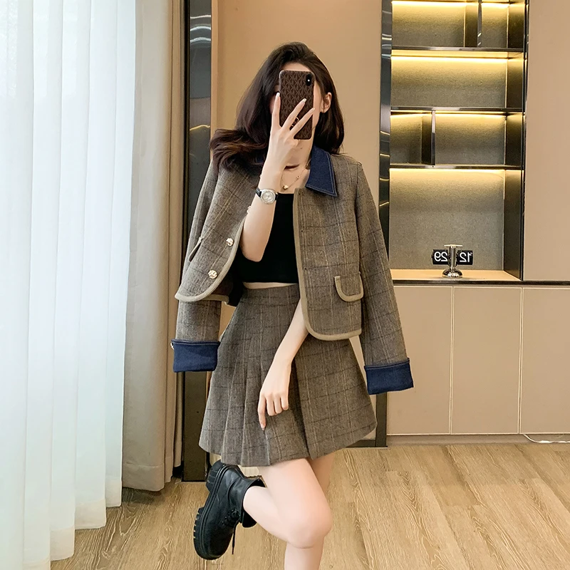 

Suit for Women Retro Sets with Skirt Fashion Two-piece Solid Long Sleeve Short Coats + A-Line Mini Skirts 2023 Fall Winter New