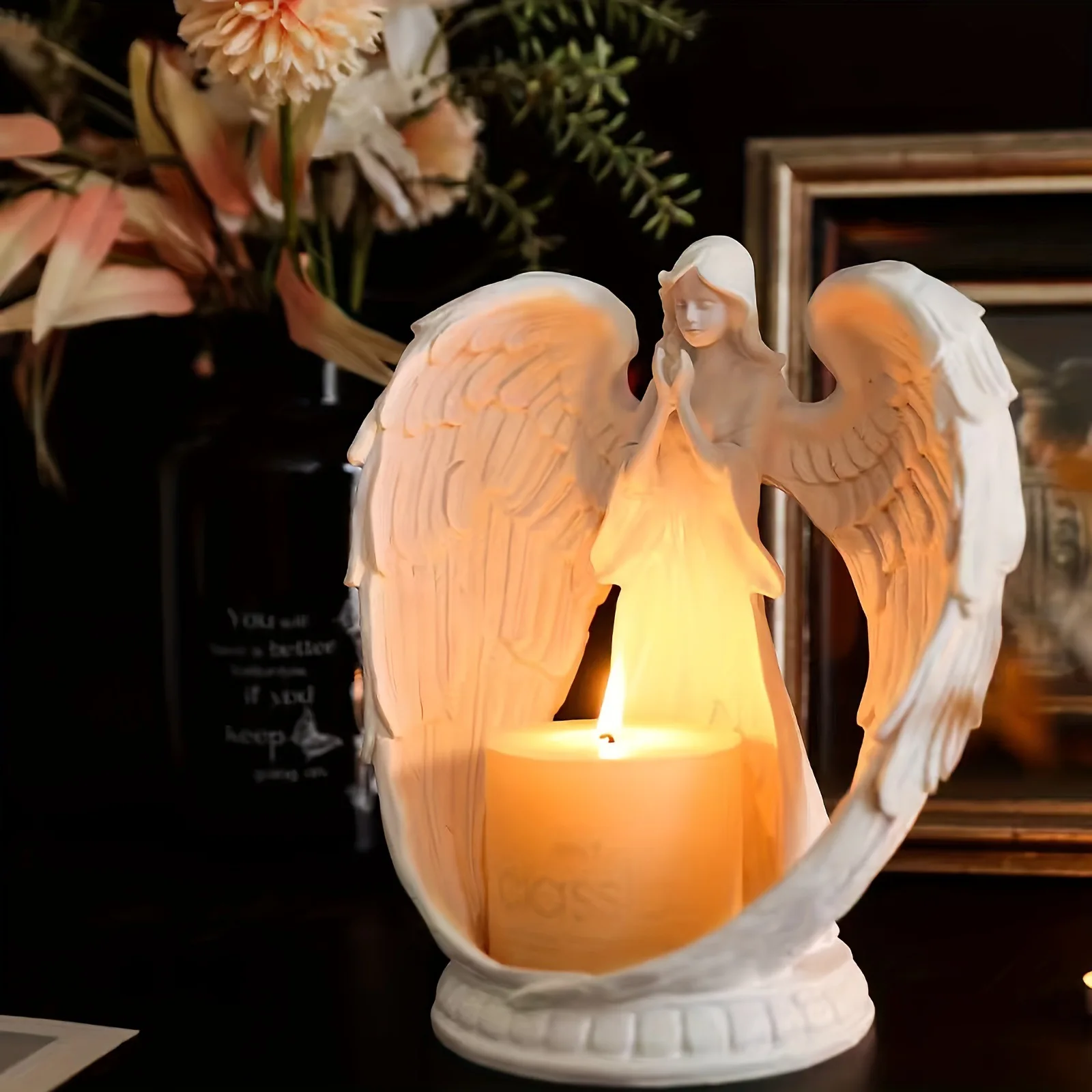 

White Angel Wing Praying Statue Angel Figurine Prayer Home Decoration Angel Tea Light Candleholder Decorative Gift