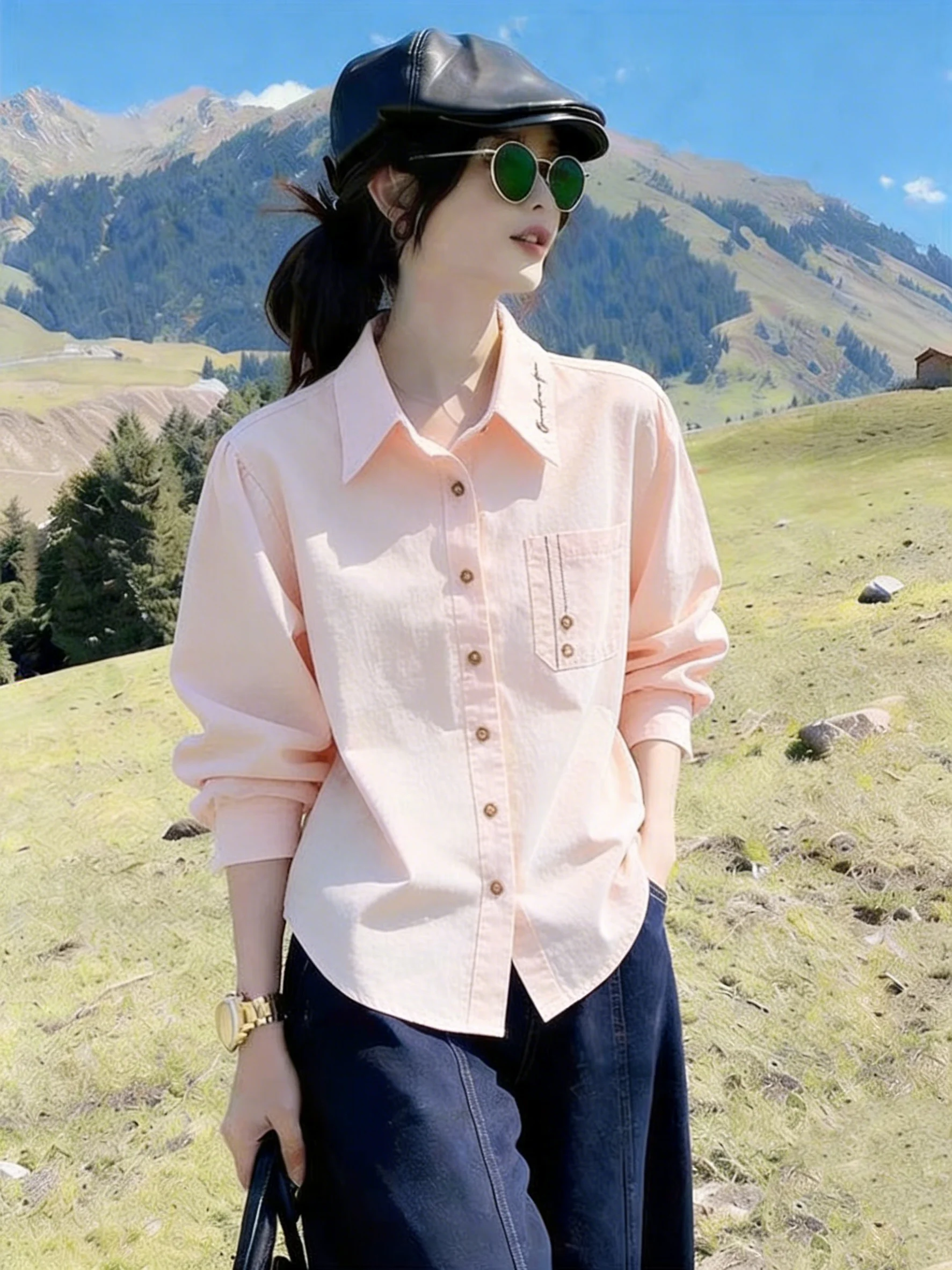 

High Quality Milk Apricot Color Women's Shirt 2026 Spring New Embroidery Design Sense Professional Base Layer Shirt