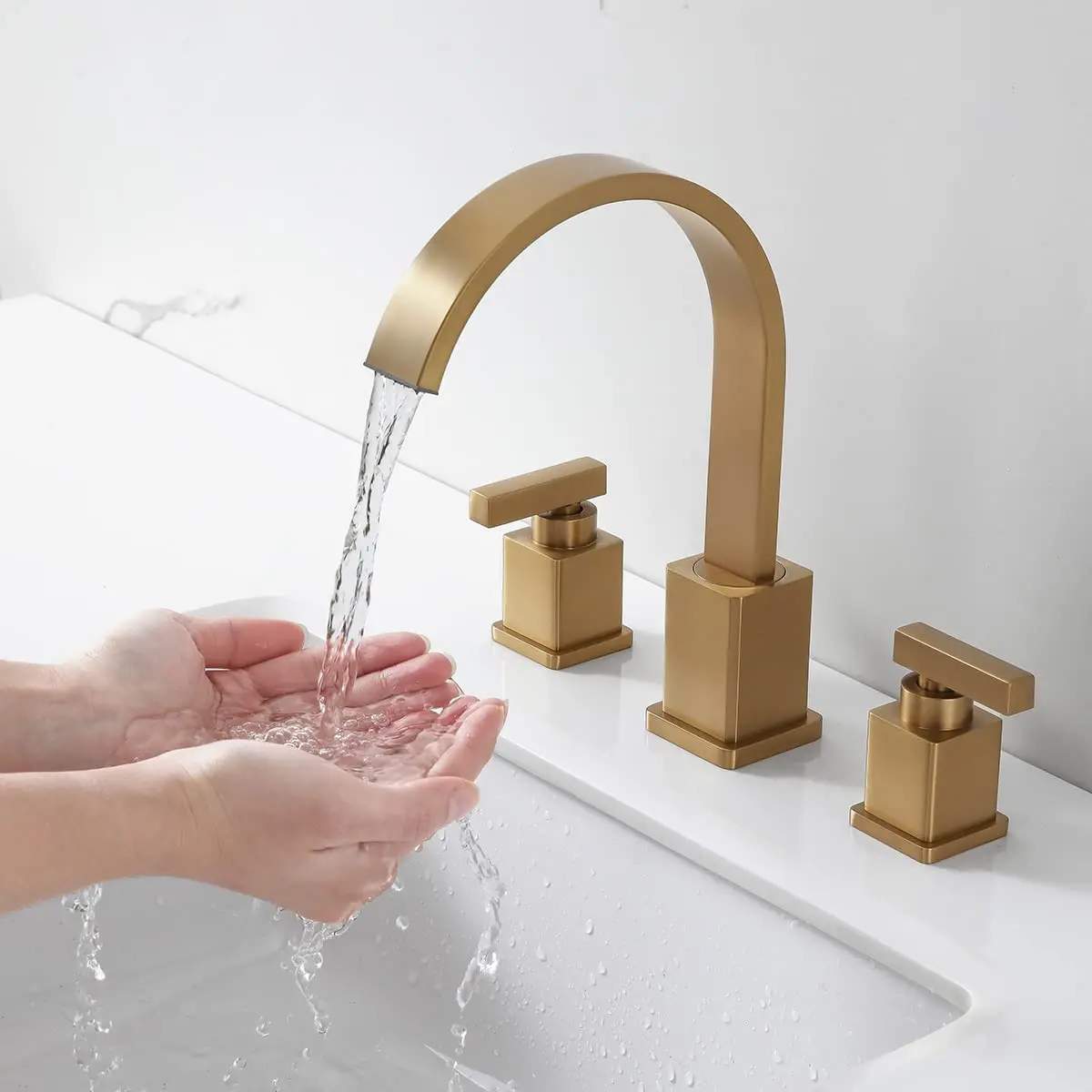 

Brass Bathroom Faucet Brushed Gold, Upgrade Anti-Fingerprint 2 Lever Handle 3 Hole 8 inch Widespread Bathroom Sink Faucet