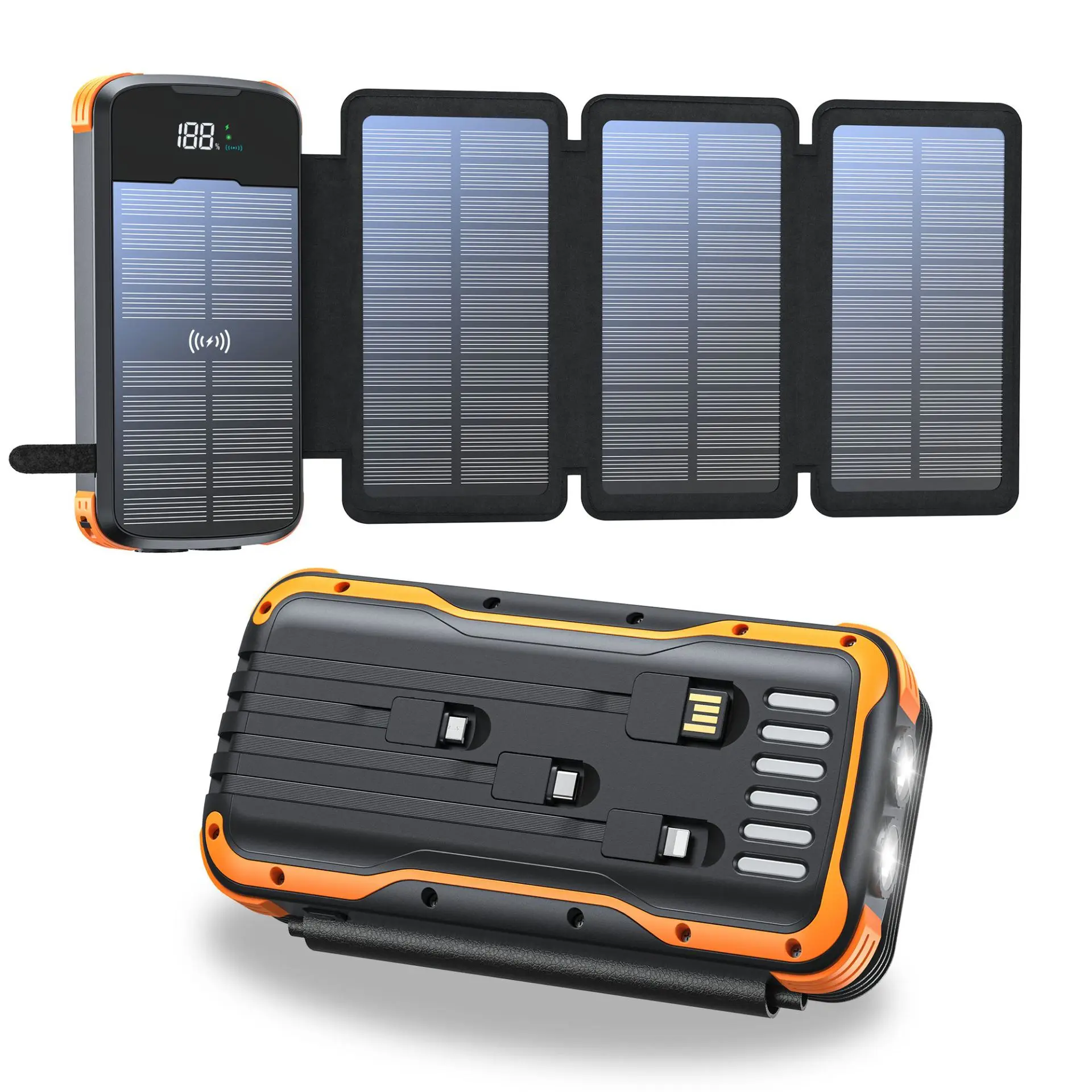 43800mAh 무선 태양광 보조배터리, 접이식 4개의 태양광 패널, 야외 휴대용 PD 20W 고속 충전기, 아이폰 및 삼성용 파워뱅크