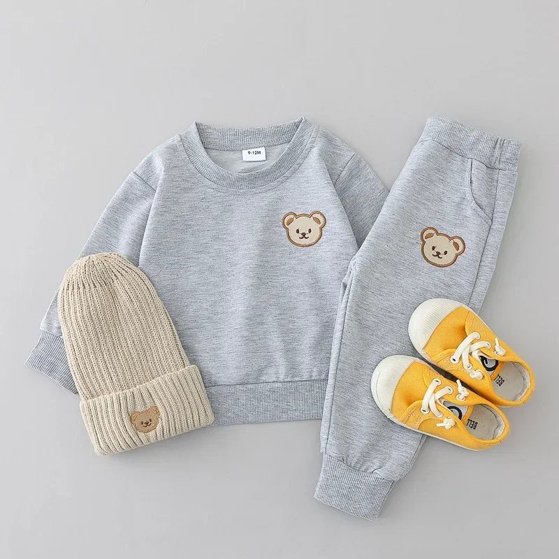 2-teiliges Kinderset für Frühling und Herbst, Einfaches Bärenkopf-Motiv, Rundhals-Langarmshirt und Hose, Outdoor-Set für Kleinkinder – Detail 3