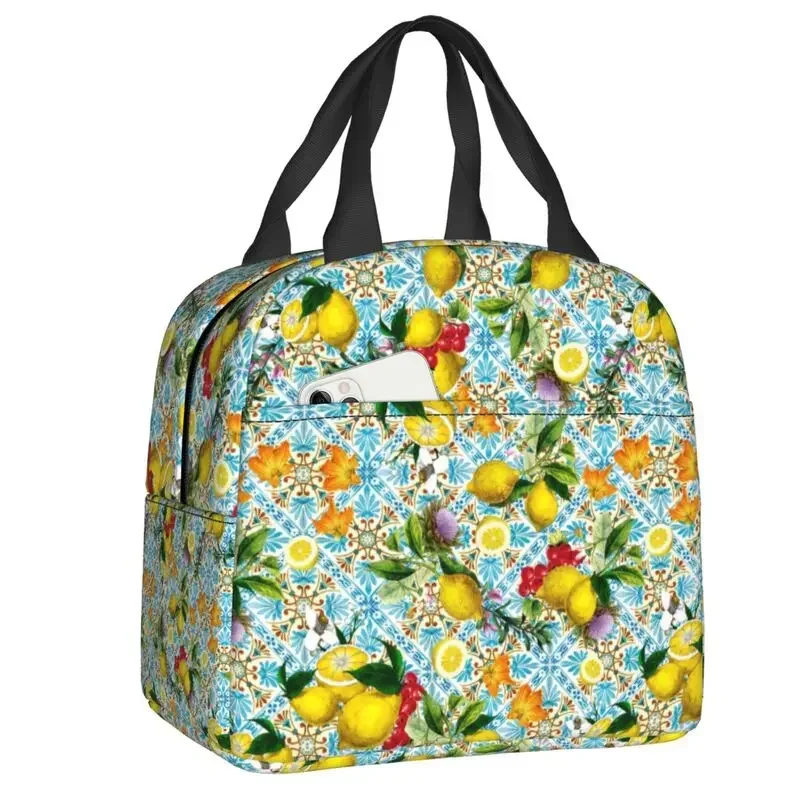 

Summer Fruit Lemons Mediterranean Tiles Lunch Bag Leakproof Cooler Thermal Insulated Lunch Box For Women Kids Food Tote Bags