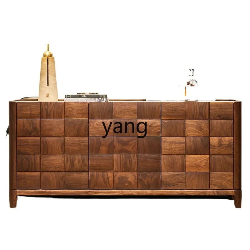 

Yjq Minimalist Black Walnut Stone Plate Sideboard Cabinet Light Luxury Storage Living Room Solid Wood Tea Wall Cabinet