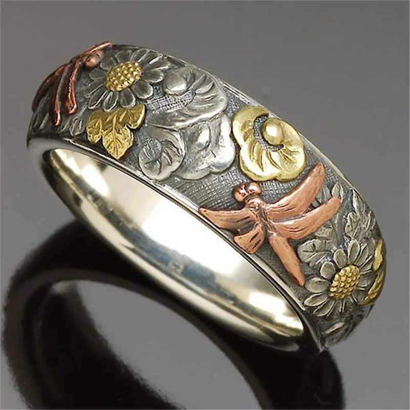 1pc Hot Sale Vintage Carved Ring  Flower Dragonfly Sunflower Ring