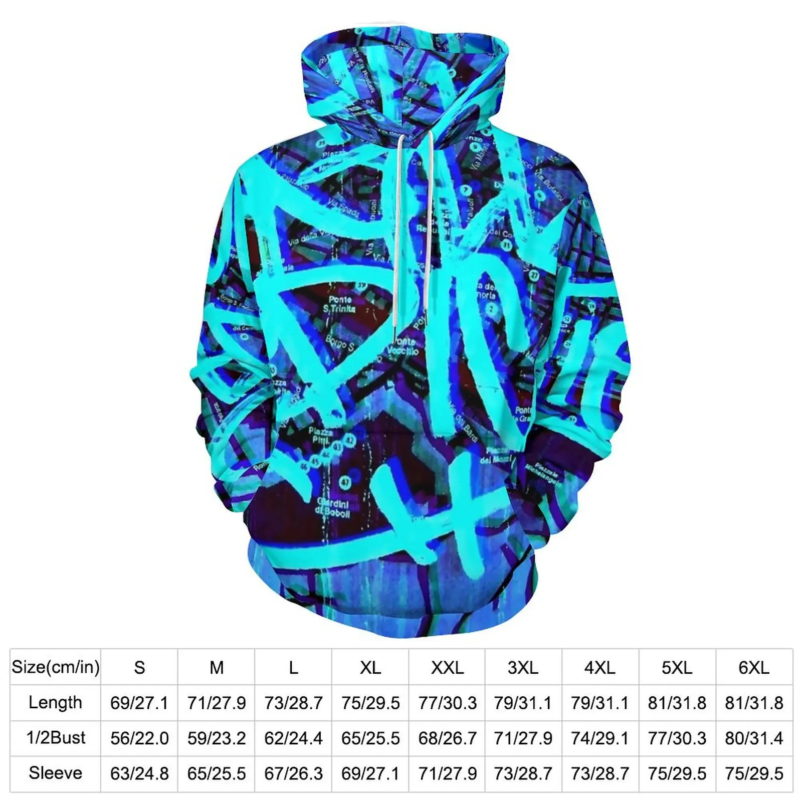 Graffiti Artists Hoodies Long Sleeve Blue Print Elegant Casual Hoodie Spring Hip Hop Oversized Printed Loose Hooded Sweatshirts