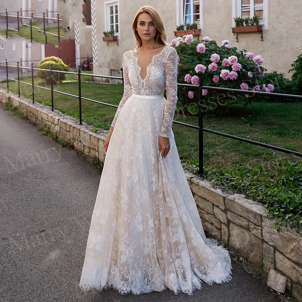 2024 Exquisite Graceful A Line Women's Wedding Dresses Elegant Lace Appliques Bride Gowns Long Sleeve Illusion Robe De Mariée