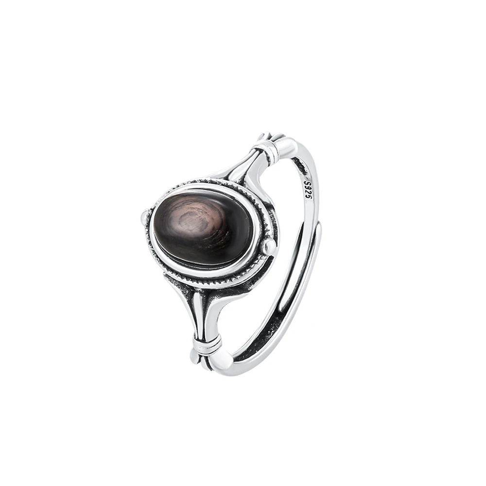 

100% 925 Sterling Silver Women's Ring Natural Black Hypersthene Stone Men's Ring Adjustable Vintage Wedding Jewelry Never Fade