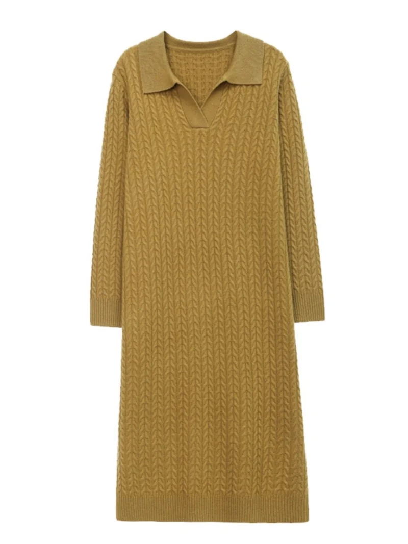 سترة فستان المرأة التلبيب سميكة العجين المقلي التقلبات الخريف والشتاء جديد بلون فضفاض ميدي القاع الحياكة فستان w1506