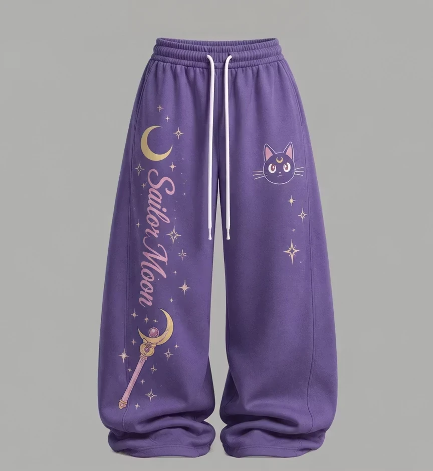 Anime Sailor Moon, farbenfroh bedruckte, weit geschnittene Hose mit hoher Taille und Kordelzug, lockere Freizeit-Sweatpants, Mädchenstil, lässige Shorts. – Detail 7