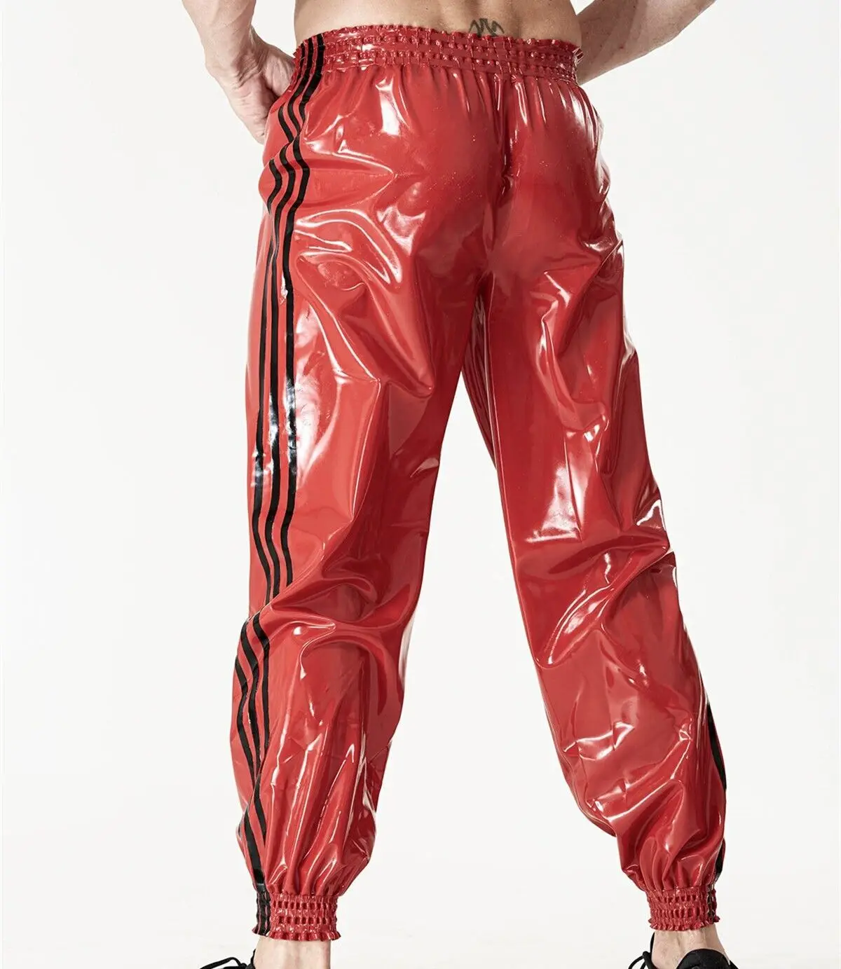 Latex Rubber pants Catsuit Zentai Cosplay Fashion Sports  trousers black stripes