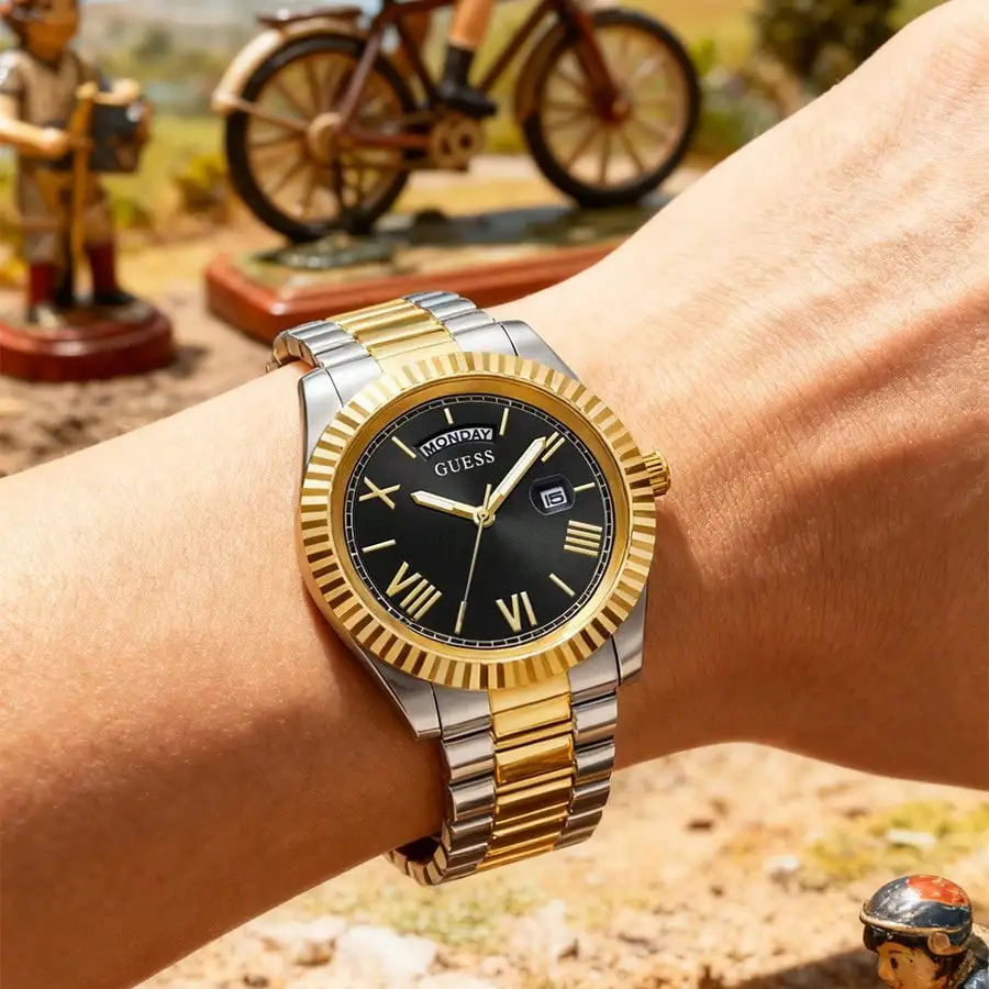 

Часы GUESS для мужчин, двухцветные, из нержавеющей стали, с черным циферблатом, с указанием дня и даты, роскошные кварцевые деловые часы, Relogio Masculino