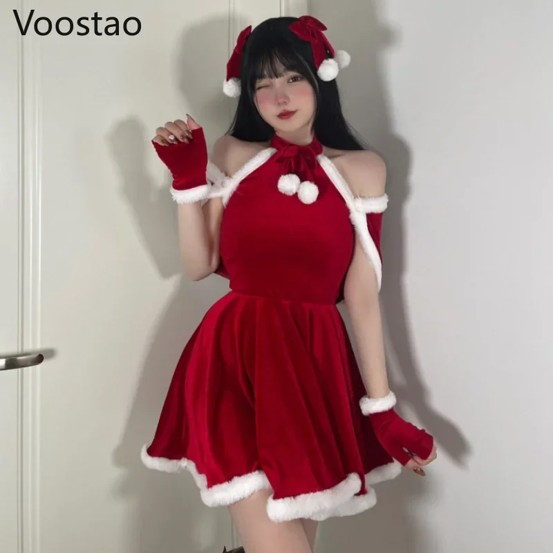 Autumn Winter sweet Christmas red plush dress suit women sexy party mini dress female kawaii New Year 4 piece set cute home wear