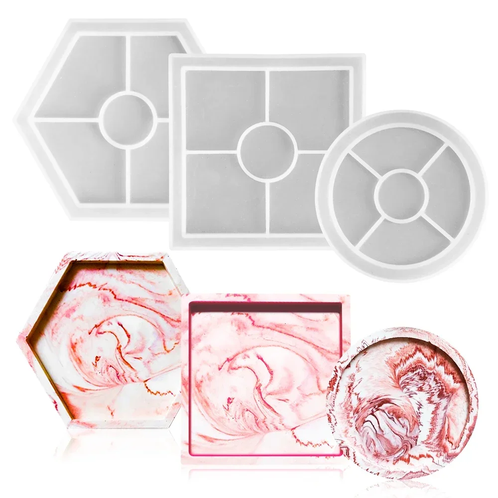 Tray Silicone Mold DIY Crystal Square Round Hexagon Coaster Silicone Mold Plate Storage Holder Epoxy Resin Mold Home Decoration