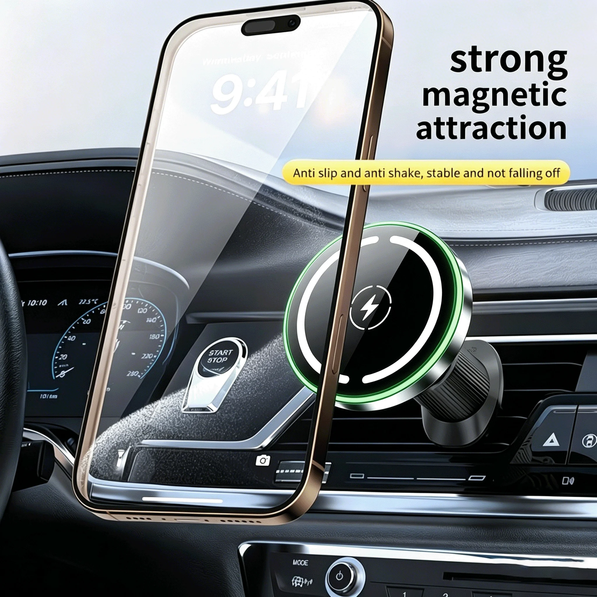 LED Magnetic Wireless Car Charger, MagSafe Fast Charging Phone Holder Mount for iPhone 12 13 14 15 16 17 Pro Max Series