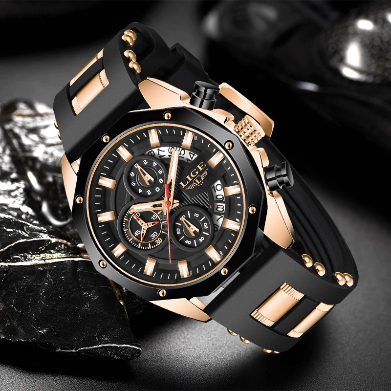 LIGE Mens Watch Brand Luxury Silicone Waterproof Sport Quartz Chronograph Military Wrist Watches Men Clock Relogio Masculino+Box