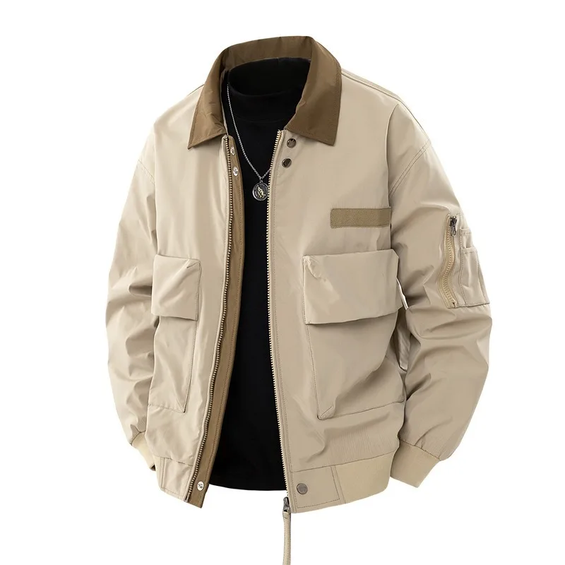 American Retro Pilot Jacket Men Spring and Autumn Super Hot Workwear Lapel Jacket Contrasting Color Men's Casual Simple Stylish