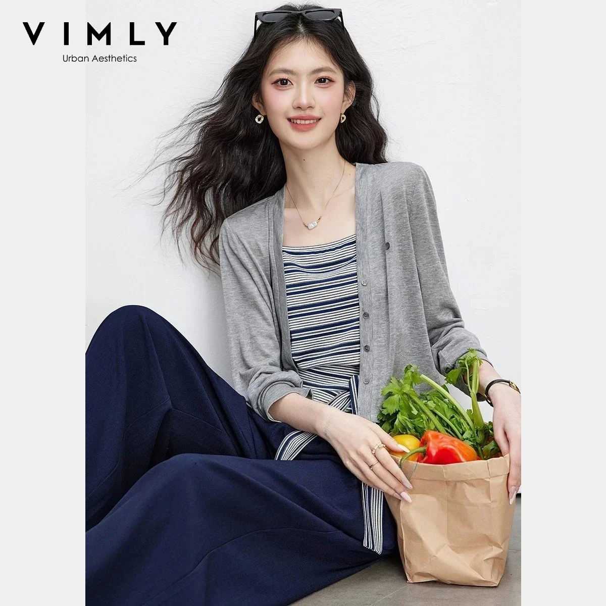 VIMLY Women's Three-Piece Set 2026 Autumn New Gray Knit Cardigan Contrast Color Striped Camisole Wide Leg Trousers Outfit A3936